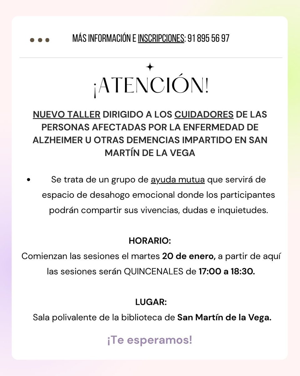 El martes 20 de enero vamos a comenzar a realizar sesiones quincenales dirigidas a cuidadores en San Martín de la Vega. 
Os dejamos en la siguiente foto toda la información necesaria. 
Si estáis interesados no dudéis en escribirnos o llamarnos. 
ayto-smv.es/.../el-ayuntam…