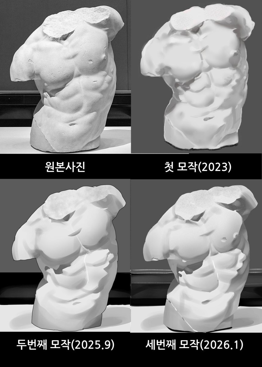 dolpha_g's tweet image. 어쩌다보니 같은 사진을 세번 모작하게 됐는데 첫 모작은 넘 어설프고(ㅠ) 점점 밸류를 깔끔하게 표현하는 법을 알게 된 것 같아서 기록용으로 올려봅니다...
두번째랑 세번째는 언뜻 퀄은 비슷하게 느껴질 수도 있을 것 같은데 최근에 밸류 모작을 통해서 폼+캐스트 섀도우 먼저 칠하고&amp;gt; 반사광을 그…