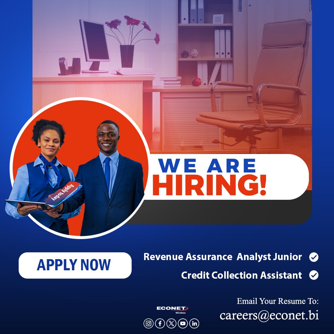 🚀 Econet Wireless Burundi recrute ! 🇧🇮💙

Postes ouverts :
🔹 Revenue Assurance Analyst (Junior)
🔹 Assistant Crédit &amp; Recouvrement

📄 TDRs :
👉 drive.google.com/file/d/1i9Q303…
👉 drive.google.com/file/d/1HHP8oe…
📧 careers@econet.bi | ⏰ 23/01/2026 – 17h

#EconetWirelessBurundi 
#NowHiring