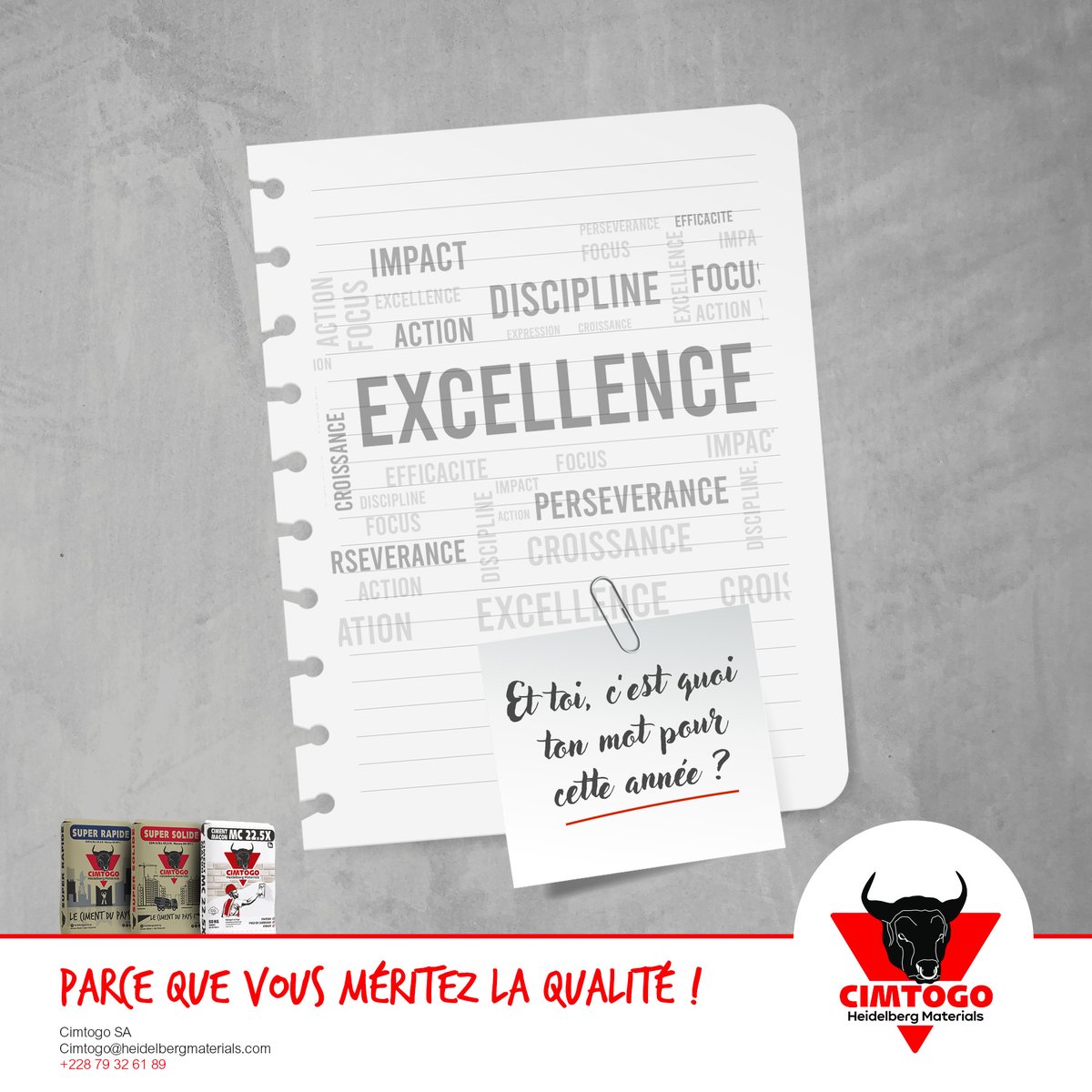 Partages avec nous le mot qui définit le mieux tes objectifs pour cette nouvelle année ...

#CIMTOGO #Togo #Lomé #macon #construction #Batiment #Qualité #Certification #Excellence #standardsinternationaux