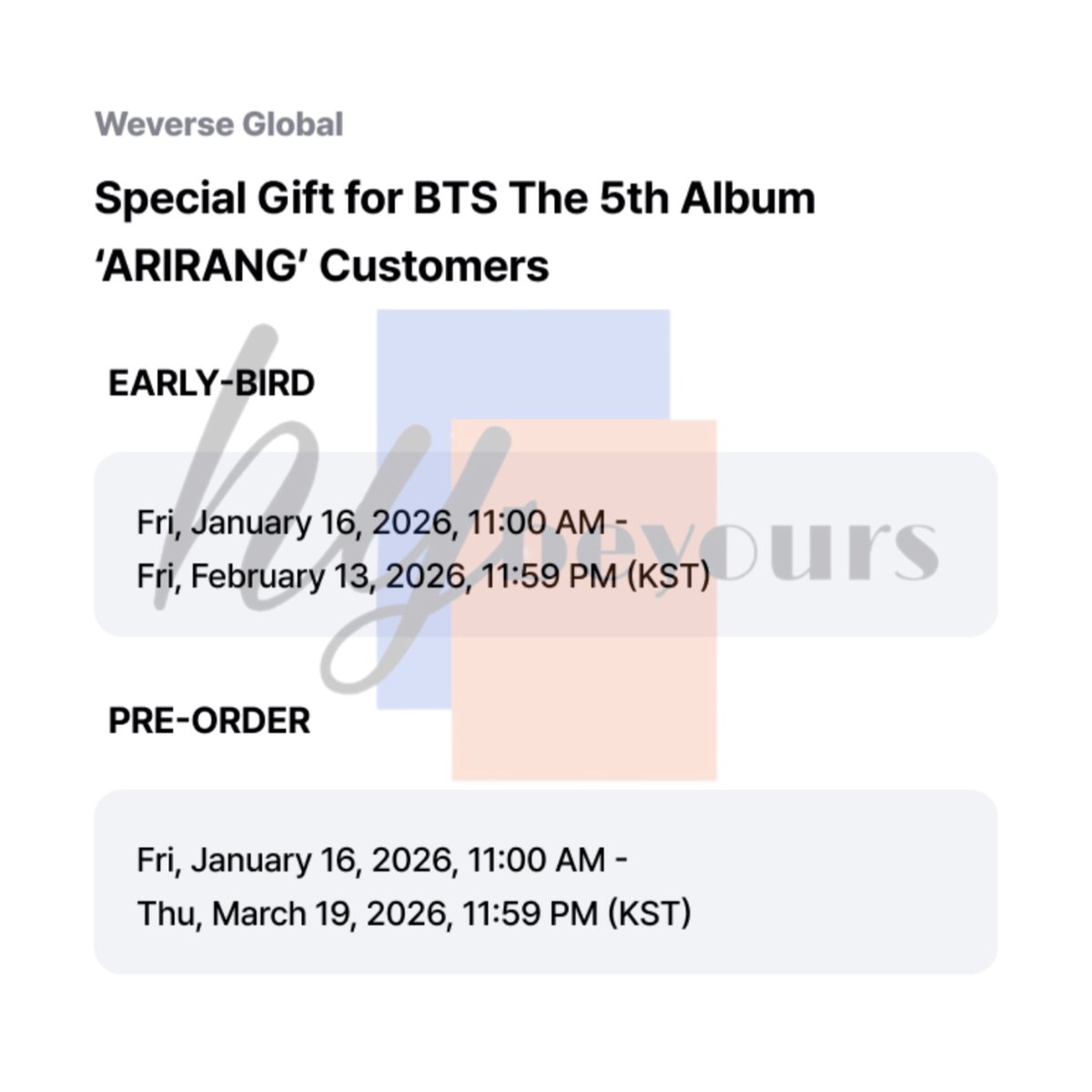 hybeyours_'s tweet photo. PO BTS Album ARIRANG by hybeyours 💜

Detail album &amp; POB cek pada foto di postingan

✅ Close early bird 12/02/26
✅ Close po 18/03/26
📦 Ship from Mojokerto, Jatim
📄 Order via Google Form (link di bio)

Terima kasih sudah membersamai setiap era 💜
Let’s support this comeback ✨ https://t.co/hnMXCxZmC2