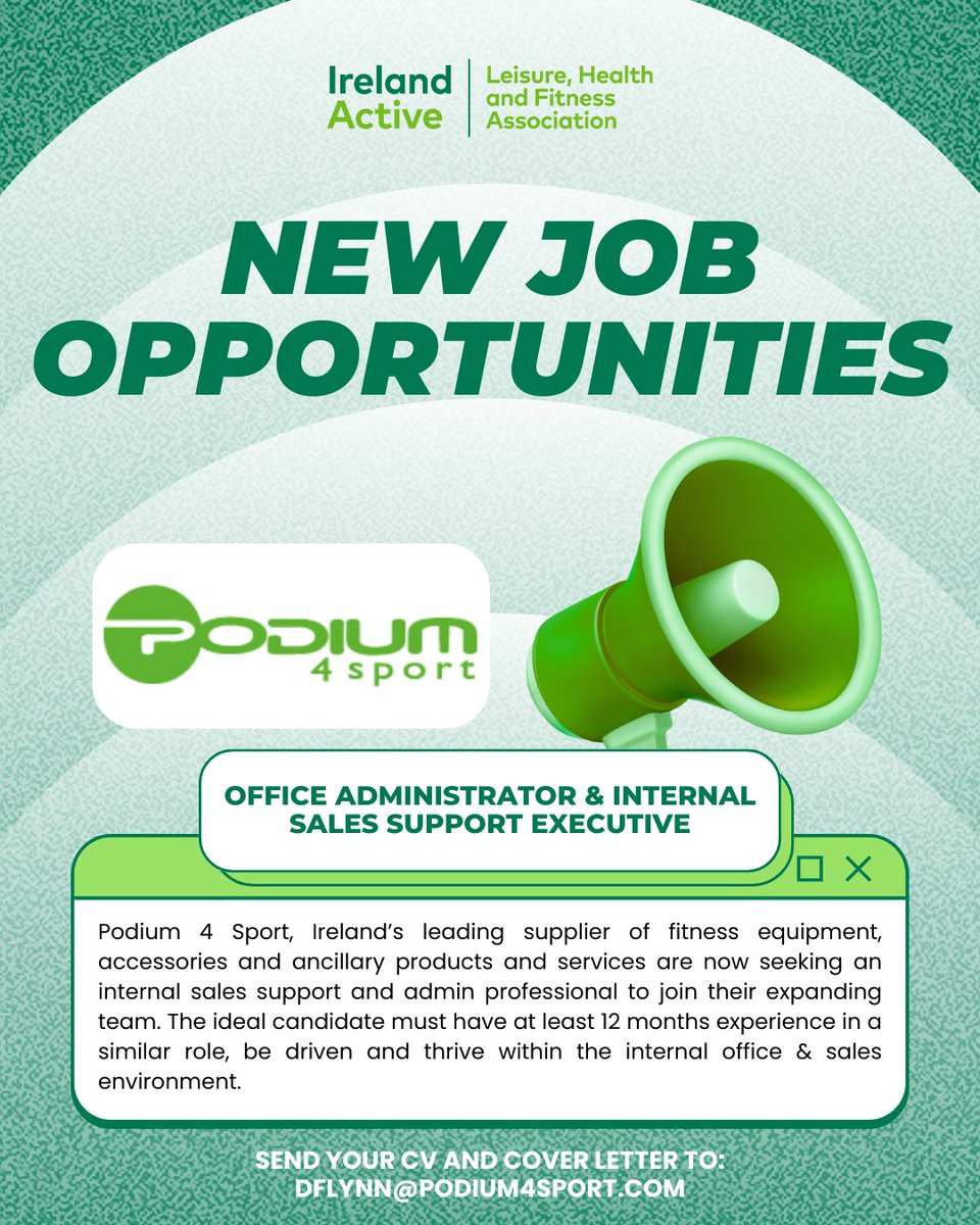 irelandactive's tweet image. Podium 4 Sport is recruiting an Office Administrator &amp;amp; Internal Sales Support Executive to join their expanding team.

👉 Full job details:
irelandactive.ie/?p=31575&amp;amp;previ…

📧 Apply by sending your CV &amp;amp; cover letter to: dflynn@podium4sport.com

#IrelandActive #Podium4Sport #NowHiring