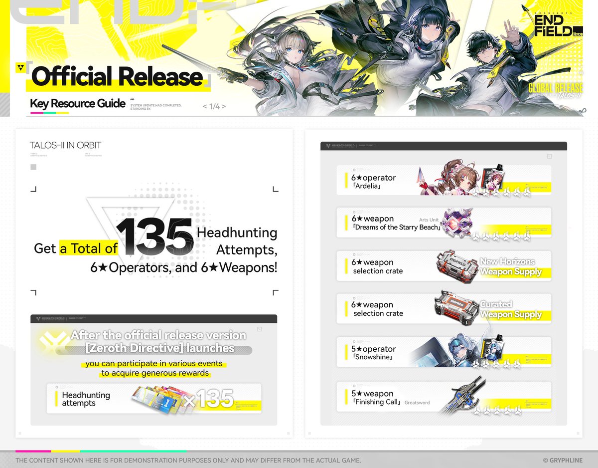AKEndfield's tweet image. Arknights: Endfield Official Release Key Resource Guide

Get a Total of 135 Headhunting Attempts, 6★ Operators, and 6★ Weapons!

#ArknightsEndfield #WorldwideRelease Launches Jan. 22!

Here is a guide to acquiring key resources in the official release of Arknights: Endfield.…