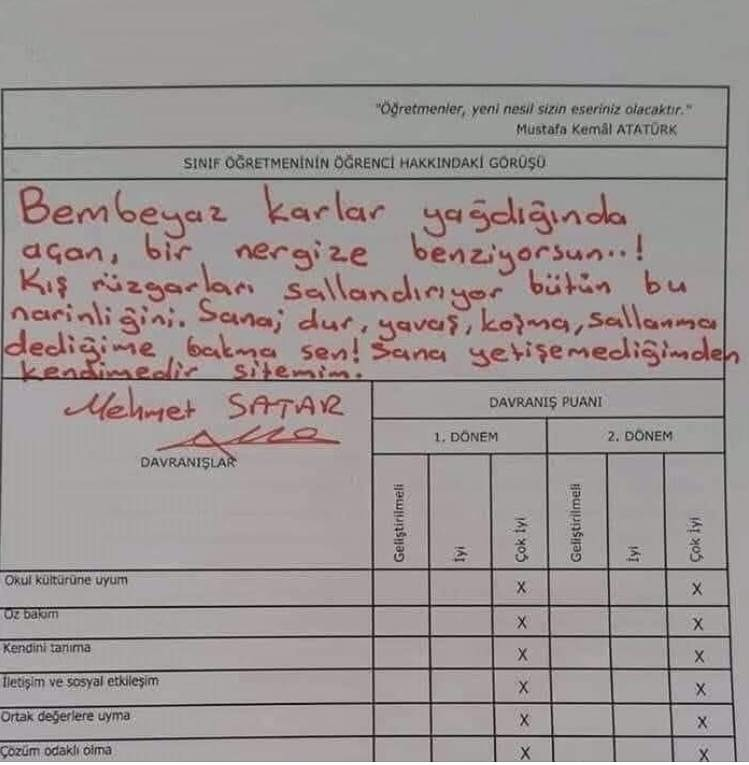 Bir öğretmenin otizimli çocuğun karnesine yazdığı sözcükler…

Bembeyaz karlar yağdığında açan, bir nergize benziyorsun!...
Kış rüzgarları sallandırıyor bütün bu narinliğini.
Sana; dur, yavaş, koşma, sallanma dediğime bakma sen!....
Sana yetişemediğimden, Kendimedir sitemim…