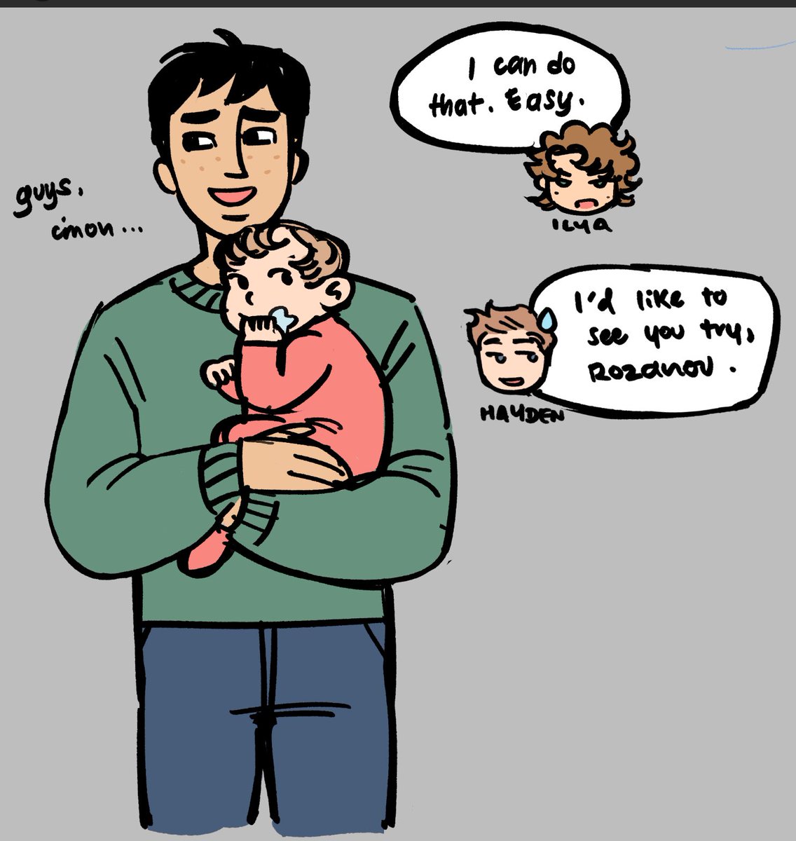 ok smart guy lets see you take a crack at it (holding hayden's baby) #heatedrivalry #hollanov