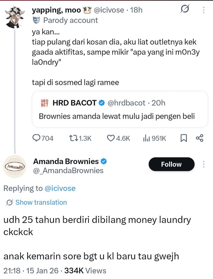 txtdarionlshop's tweet image. Brownies Amanda membuktikan kalo usaha rumahan bisa jadi brand nasional.
Nggak instan.
Yang dijaga tetep kualitas &amp;amp; kepercayaan.
Pelan-pelan, brand ini jadi ikon oleh-oleh Bandung.
Tapi makin besar brand, makin besar juga risikonya.