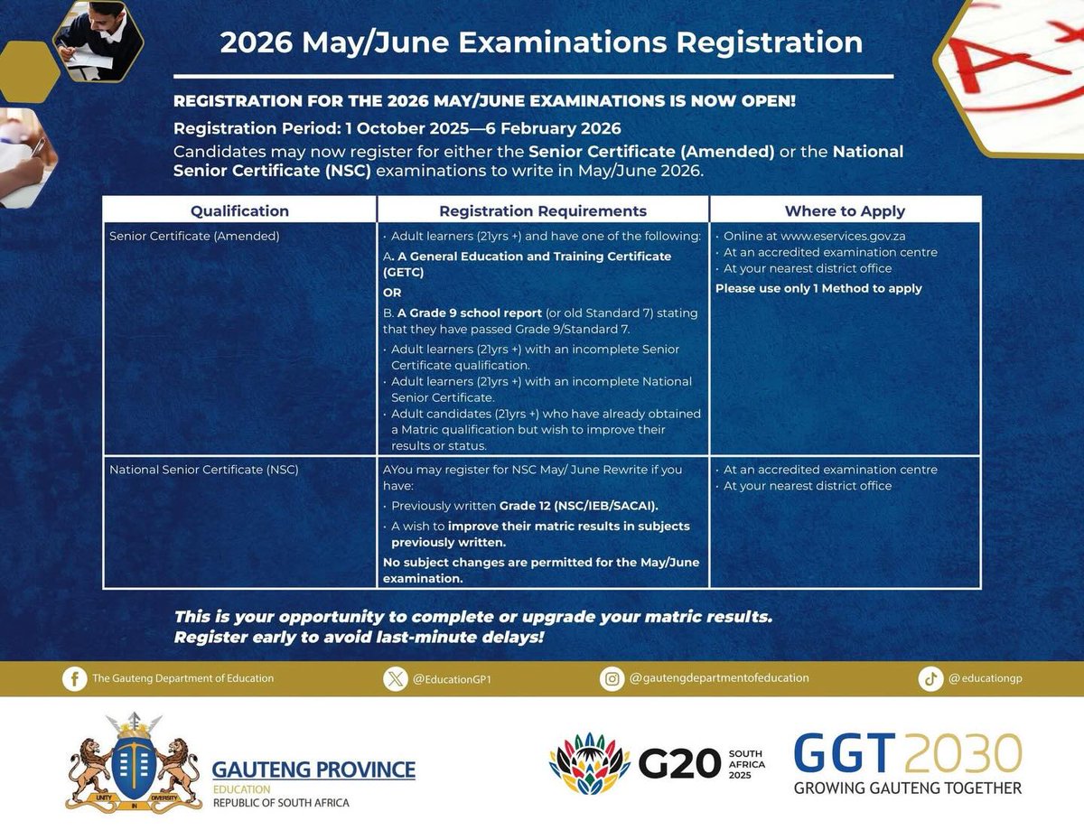 UmalusiSA's tweet photo. Second Chance Programme | Learners who did not do well in the previous NSC exams have a chance to re-write and improve their marks. 

Additionally, adult learners aged 21 and above who hold a Grade 9 report, a GETC: ABET, or an NQF Level 1 qualification may write the Senior Certificate (amended), which is equivalent to a matric. 

Please visit any District Office of the Department of Education to register for the 2026 May/June second chance exams of the NSC. Those who want to write the SC(a) should register online at: https://t.co/zyXWbXPIRa

#MatricSecondChance #MatricRewrite #ClassOf2025