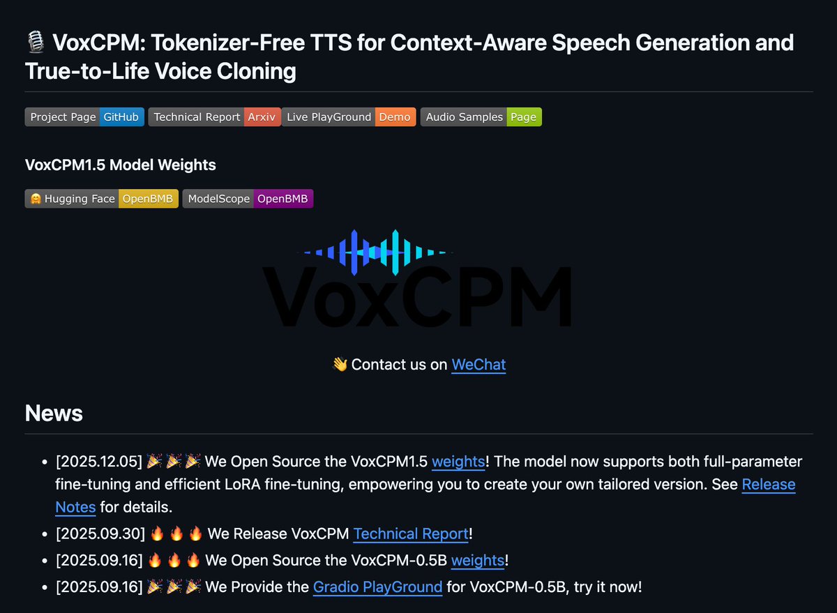 You can now clone a human voice in real time without tokenization.

OpenBMB just open sourced VoxCPM weights with real time streaming and LoRA fine tuning.

It runs at ~0.15 real time factor on a single RTX 4090.

𝗧𝗵𝗶𝘀 𝗿𝗲𝗺𝗼𝘃𝗲𝘀 𝘁𝗼𝗸𝗲𝗻𝗶𝘇𝗮𝘁𝗶𝗼𝗻 𝗳𝗿𝗼𝗺 𝗧𝗧𝗦