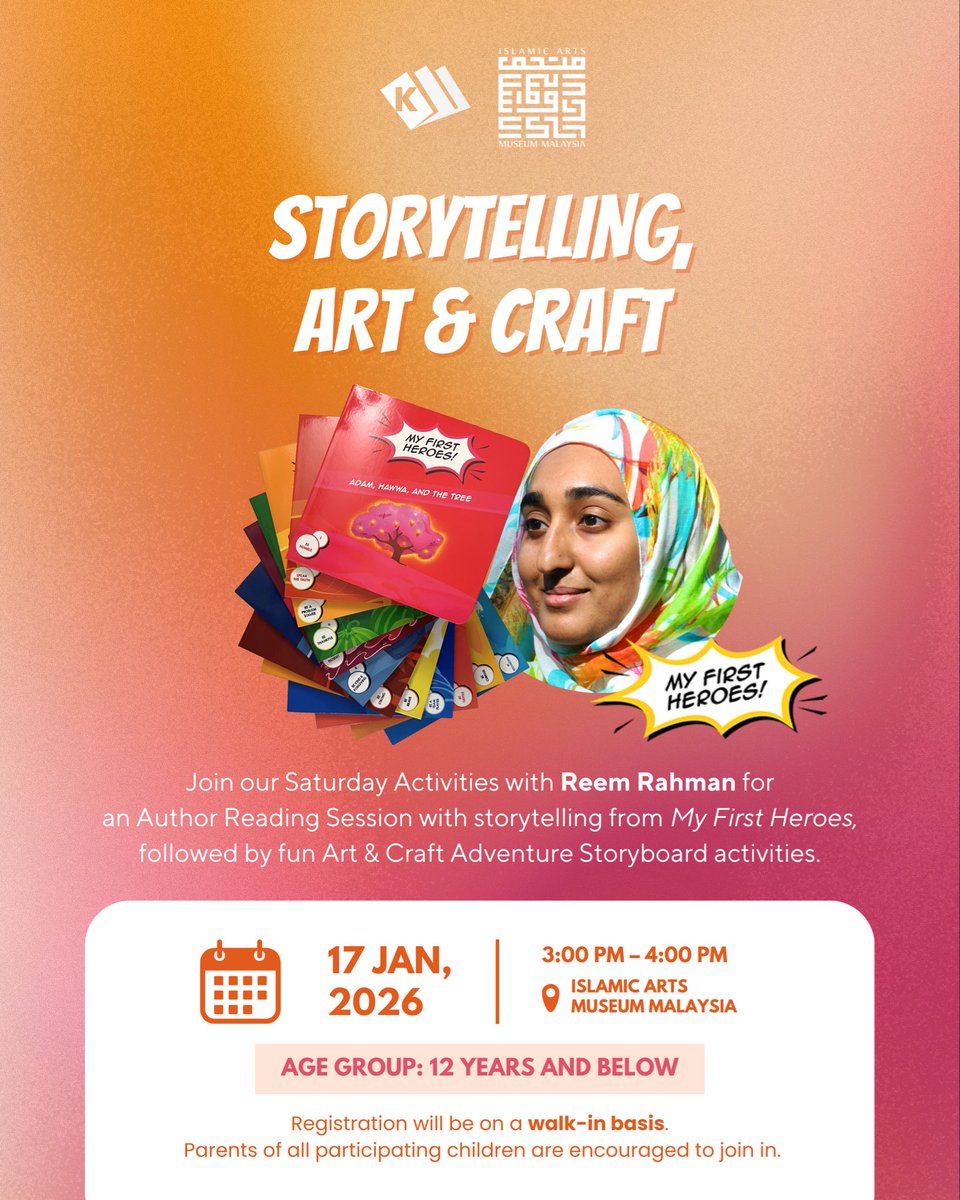 Kube_Publishing's tweet photo. Calling all parents in Kuala Lumpur!

Join Author Reem Rahman for a warm Storytelling &amp; Art &amp; Craft session, featuring stories from My First Heroes, followed by a fun Adventure Storyboard activity.

🗓 Saturday, 17 January 2026 ⏰ 3:00 PM – 4:00 PM (please arrive by 2:45 PM) https://t.co/67sRNbFEZJ
