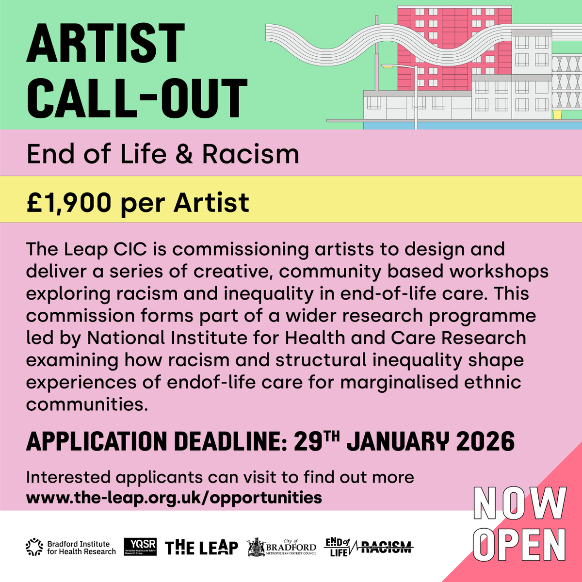 theleapBD's tweet photo. 🎨 Artist Call-Out 📢

The Leap is looking to commission artists to design and lead a series of creative, community-based workshops exploring the complex themes of racism and inequality in end-of-life care.

💷 Fee: £1,900 per artist
📅 Application deadline: 29th January 2026
📍 Find out more & apply: https://t.co/5UMSEUun5t

#theleapBD #ArtistCallOut #CommunityArts #SocialJustice #EndOfLifeCare #AntiRacism #Bradford2025 #CreativeEngagement