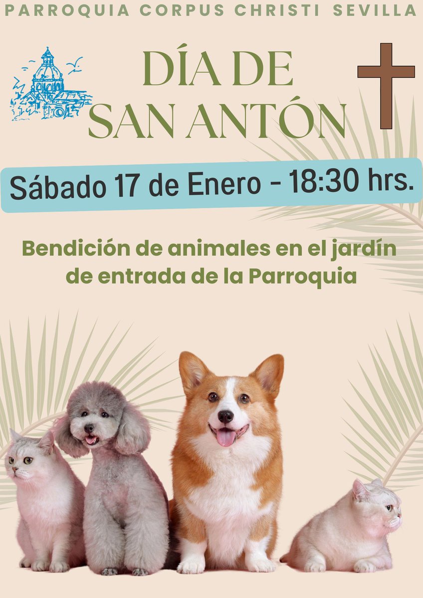 Mañana sábado 17 de enero a las 18:30 hrs. se celebrará en la Parroquia el entrañable rito de bendición de mascotas con motivo de la festividad de San Antonio Abad, San Antón, protector de los animales.

Se invita a todo el que lo desee a llevar a sus mascotas para ser bendecidas