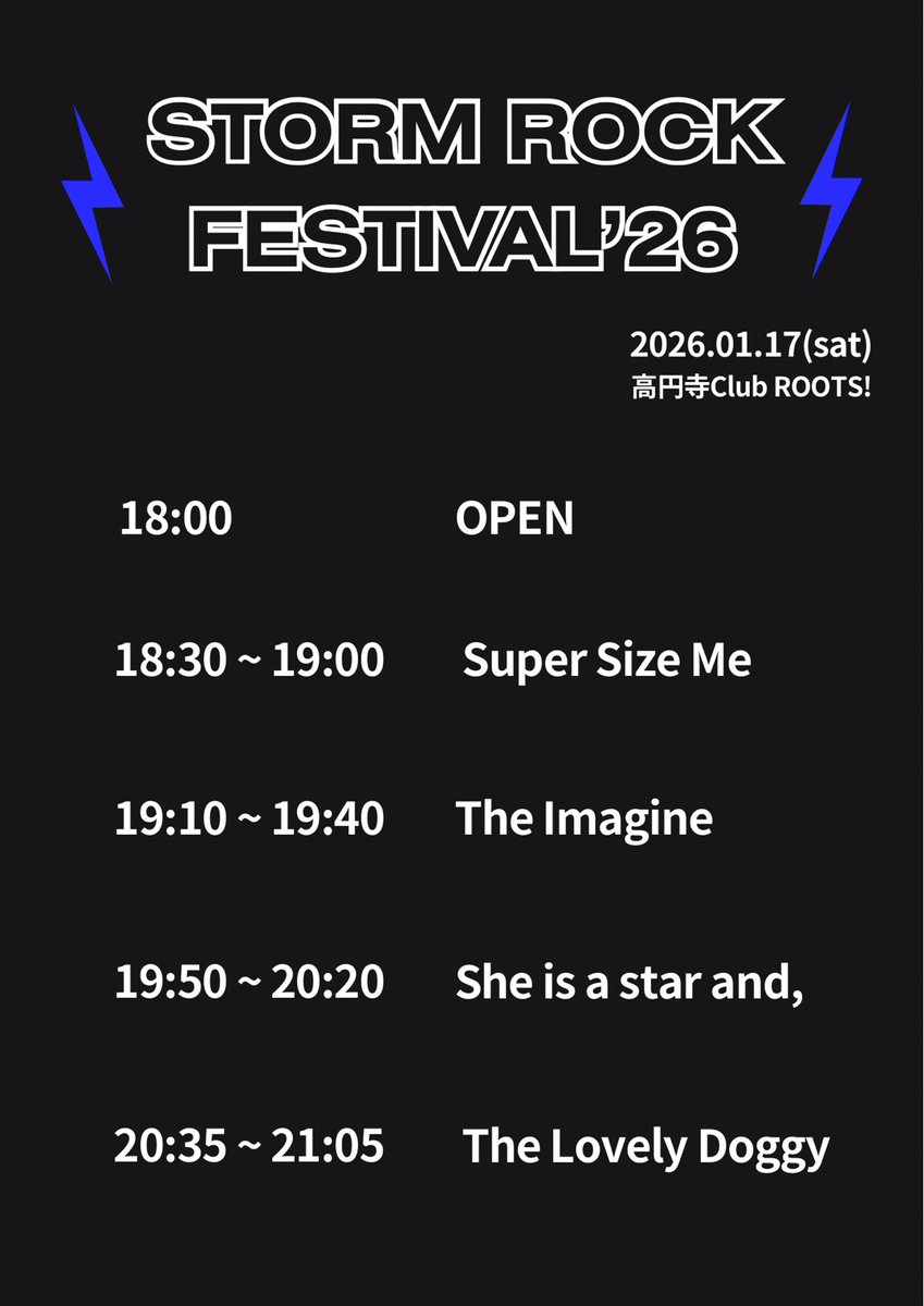 stormrock_fes's tweet photo. ❗Storm Rock Festival'26❗

⚡️𝙏𝙄𝙈𝙀 𝙏𝘼𝘽𝙇𝙀⚡️

18:30~19:00 Super Size Me

19:10~19:40 The Imagine

19:50~20:20 She is a star and,

20:35~21:05 The Lovely Doggy https://t.co/MiXOH750Ps