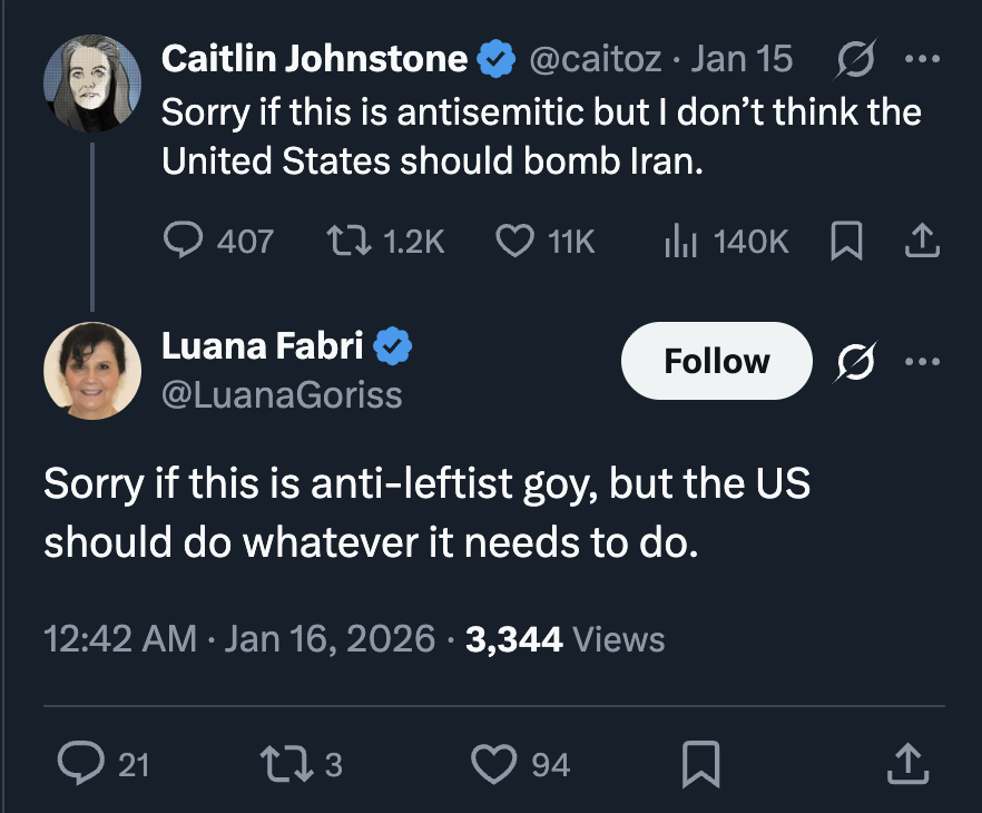caitoz's tweet image. Me, ironically: Sorry if this is antisemitic but I don’t think the United States should bomb Iran.

Zionists, unironically: Yes it is antisemitic to say the US shouldn't bomb Iran and we are deeply offended. This is a hate crime.