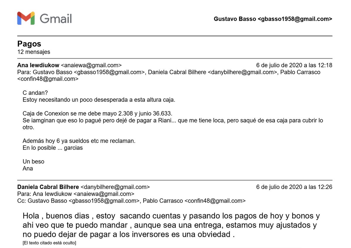 📩 LAS PRUEBAS

✔️ La información de los metadatos de los miles de mails de Pablo Carrasco, Ana Iewdiukow, Gustavo Bassio y Daniela Cabral confirman la autenticidad de los correos electrónicos.

✔️ Cada correo electrónico tiene su trazabilidad y muestran que NO están editados ni