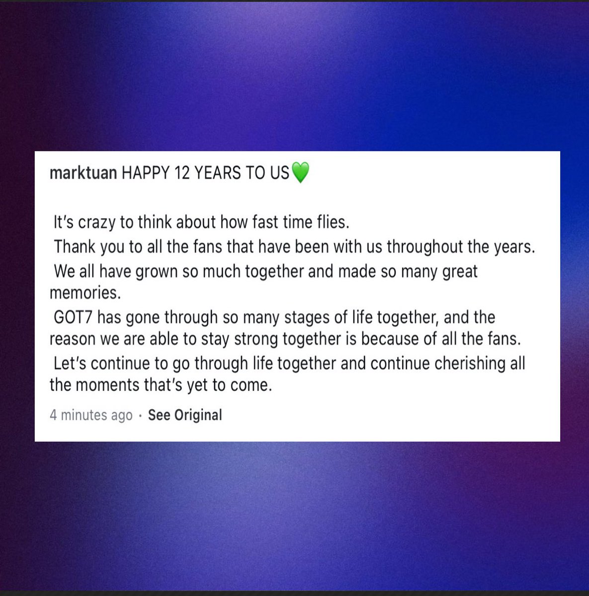 Pop7base's tweet image. GOT7’s Mark Tuan shared a heartfelt message on Instagram to celebrate GOT7’s 12th anniversary.

"Let's continue to go through life together and continue cherishing all the moments that's yet to come."