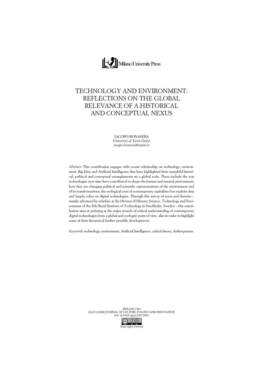 "This contribution engages with recent scholarship on technology, environment, Big Data and Artificial Intelligence..." Jacopo Bonasera for Glocalism, No.2 (2025), #Book #reviews 👉🏽riviste.unimi.it/index.php/gloc…