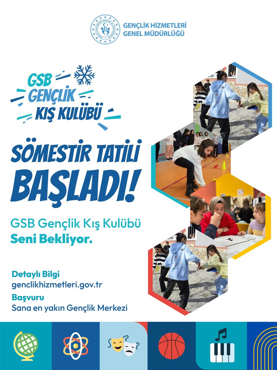 ❄️ Yarıyıl tatilinde gençlerin ve ailelerin rotası: GSB Gençlik Kış Kulübü! 

GSB Gençlik Kış Kulübü ile gençler, Gençlik Merkezlerinin güvenli ve konforlu çatısı altında; spor, sanat, kültür ve sosyal etkinliklerle buluşuyor. 

🗓️ 1. Dönem: 19–24 Ocak 2026
🗓️ 2. Dönem: 26–31