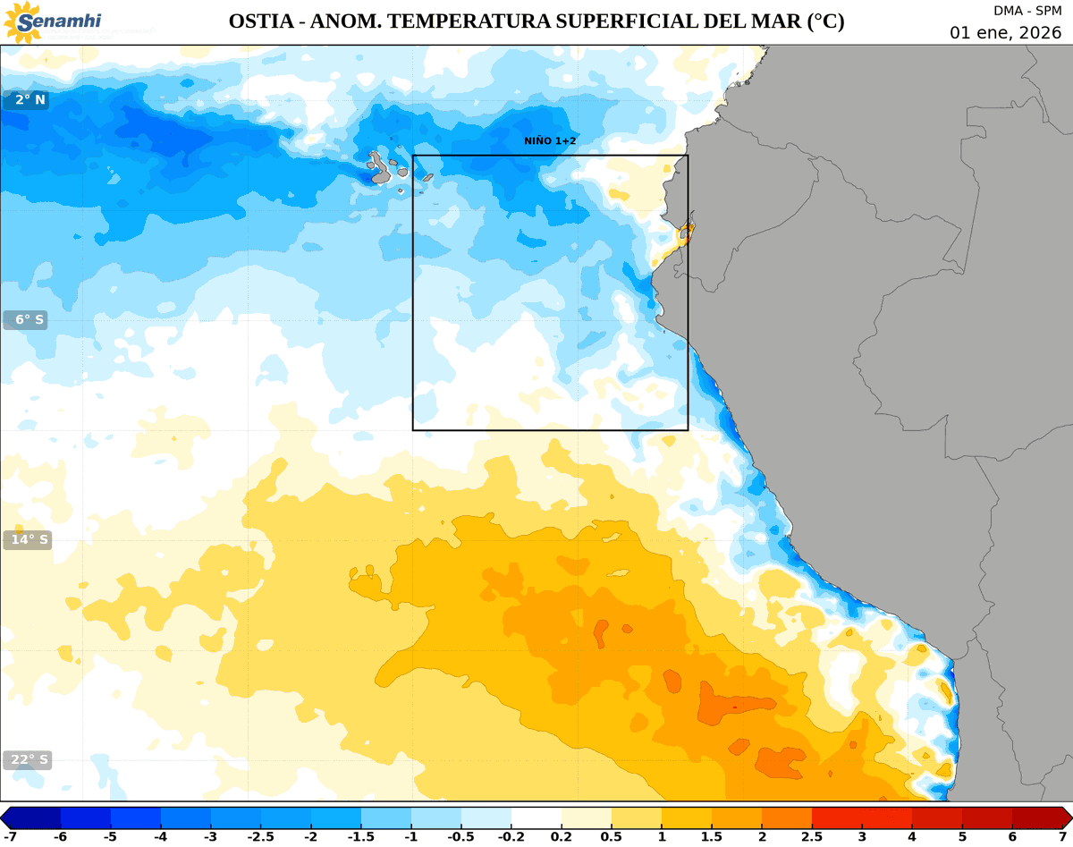hombredeltiempo's tweet photo. El mar y sus anomalías* de temperatura superficial
*Cuanto se ha desviado la temperatura de su superficie frente a los valores normales para la fecha.

Vemos que el enfriamiento del mar frente a #Ecuador y #Perú se ha perdido entre el 1 y el 15 de enero. Aguas más cálidas que lo normal se están acercando - además-  por debajo de la superficie en dirección a la costa ecuatoriana y a la norte del Perú.