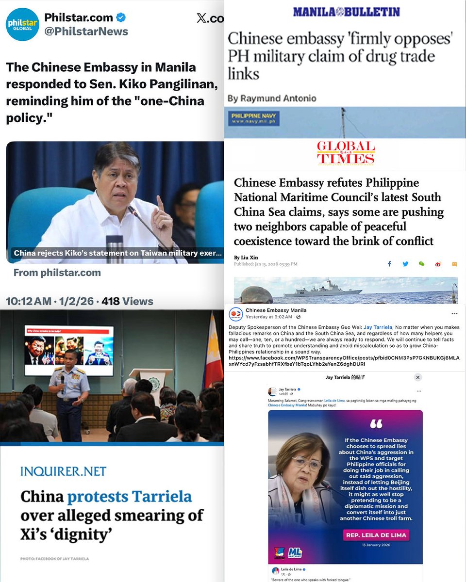 BINABASTOS NG MGA CHINESE OFFICIAL ANG ATING MGA OPISYAL. WALA SILANG KARAPATANG MAGHASIK NG YABANG SA ATING BAYAN.

The Chinese Embassy’s attacks on our officials—particularly Senator Kiko Pangilinan, Congresswoman Leila de Lima, Rear Admiral Roy Vincent Trinidad, Philippine