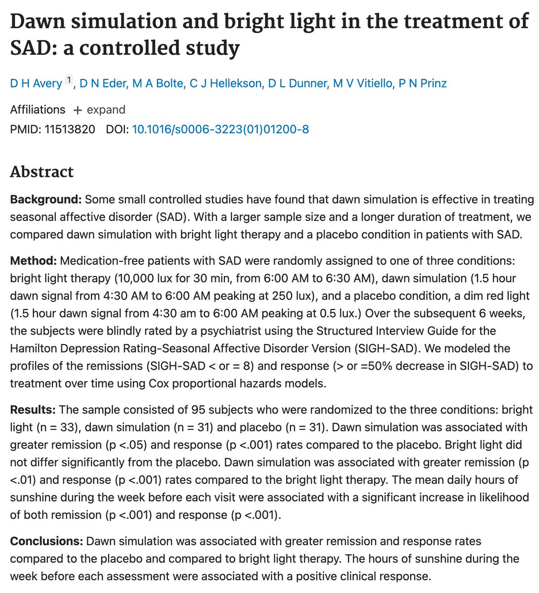 BrandonLuuMD's tweet photo. Dawn simulation (gradual light 4:30-6am, peak 250 lux) outperformed bright light therapy and placebo for seasonal depression

Remission was 61% with dawn simulation vs 48% with bright light and placebo

More hours of sunshine in the prior week also predicted better outcomes https://t.co/ilKrC1a5RV