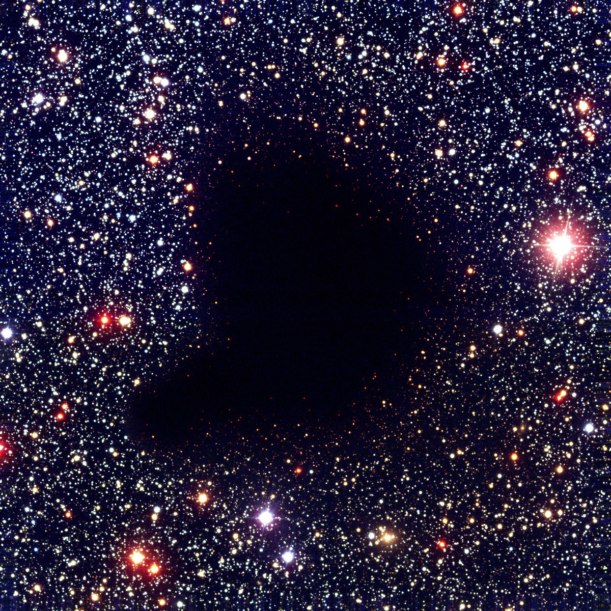 This is Barnard 68, a dark molecular cloud in the Ophiuchus constellation

This opaque cloud of interstellar dust completely blocks the light from background stars, creating a dramatic void in the universe