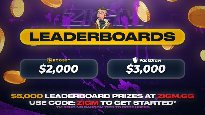 💸GIVEAWAY $100 💸(4x$25)
🙋‍♂️RT+TAG 2
🐦FOLLLOW  <a href="/ZiGmReal/">ZiGm</a>

💥NEW LEADERBOARDS💥
      🔥CODE: ZIGM🔥
$3,000 - <a href="/PackDraw/">PackDraw</a>

$2,000 - <a href="/Roobet/">Roobet</a>

🌍Site: Zigm. gg