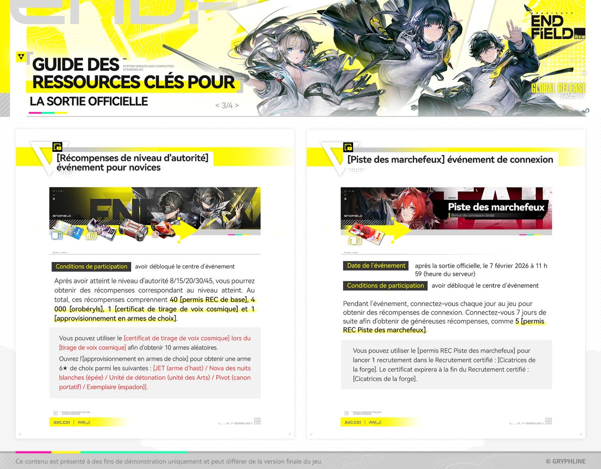 EndfieldFR's tweet photo. Guide des ressources clés pour la sortie officielle d'Arknights: Endfield

Obtenez un total de 135 tentatives de recrutement, des opérateurs 6★ et des armes 6★ !

#SortieMondiale d'#ArknightsEndfield le 22 janvier !

Vous trouverez ci-dessous un guide relatif à l'acquisition de ressources clés en vue de la sortie officielle d'Arknights: Endfield. Nous vous conseillons d'y jeter un coup d'œil, Endministrator.

▼//Préinscrivez-vous sur notre site officiel : https://t.co/RAqGeFmSmd

#ArknightsEndfield #Endfield #Endfield0122