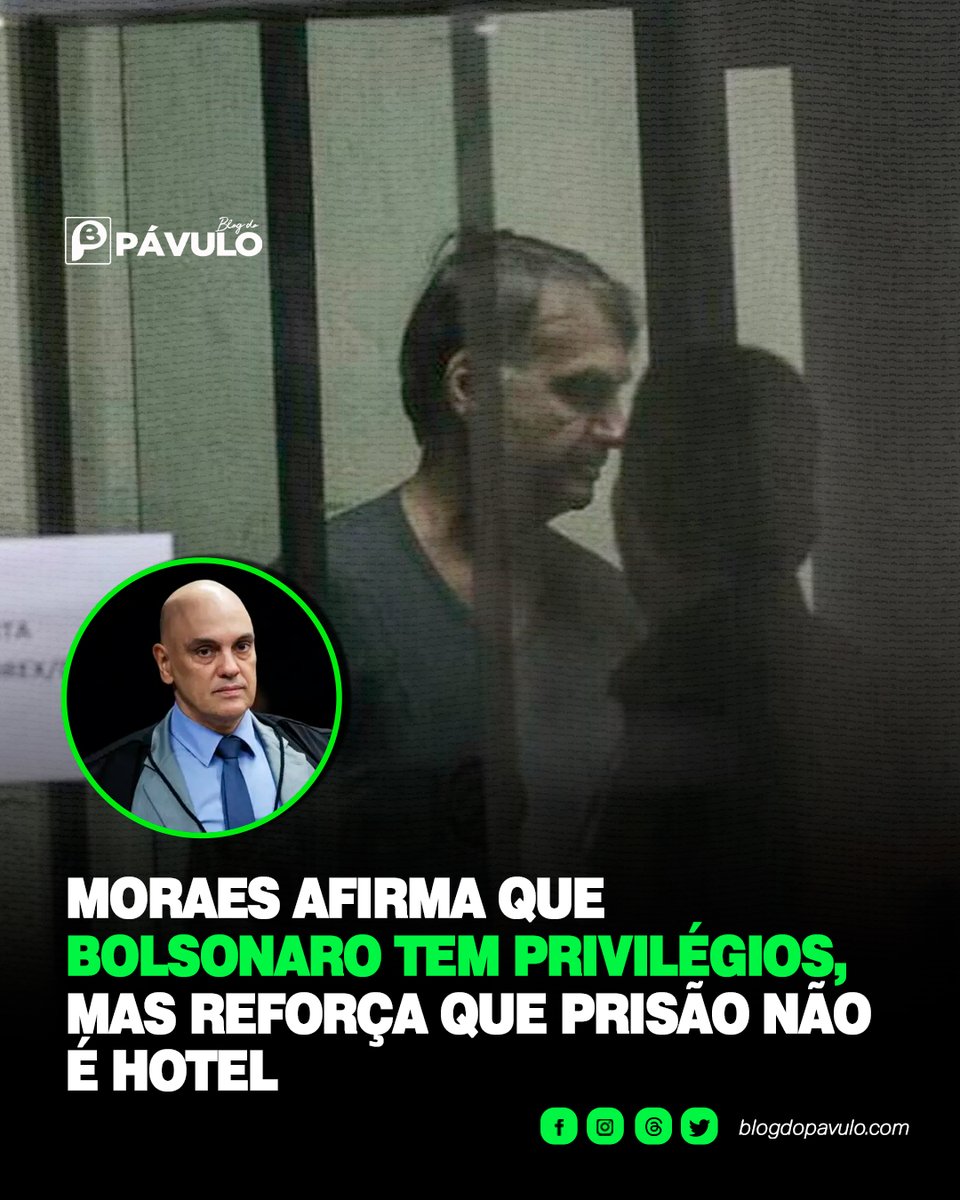 Blogdopavulo's tweet image. Moraes afirmou que Bolsonaro possui privilégios por ser ex-presidente. Ainda assim, deixou claro que prisão não é hotel nem “colônia de férias”

A declaração consta na decisão que determinou a transferência de Bolsonaro da PF para o Complexo da Papudinha

 blogdopavulo.com/moraes-afirma-…