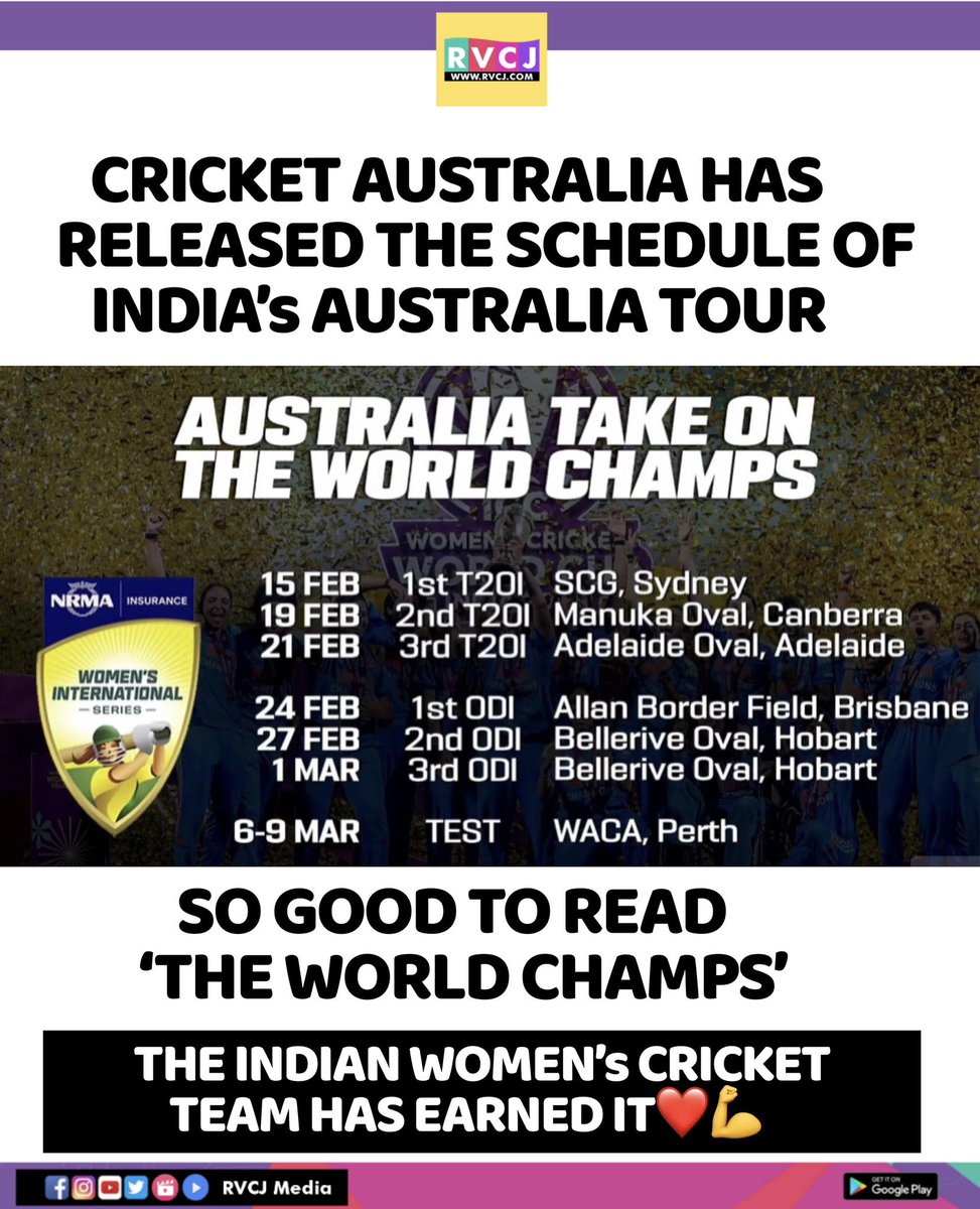 RVCJ_Sports's tweet image. Australia tour is on 🇮🇳🏏 The World Champs are ready to take the challenge Down Under! ❤️💪
#IndianWomensTeam #WorldChamps #INDvsAUS #WomensCricket #CricketAustralia #WomenInSports #TeamIndia #CricketFever #ProudMoment #InternationalCricket #GirlPower