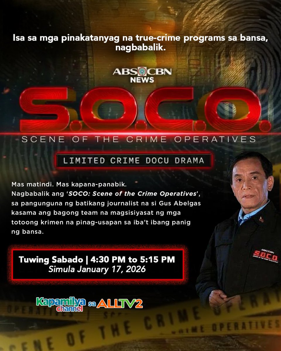 MGA KRIMENG GUMIMBAL SA BANSA MULING BUBUSISIIN!

Abangan ang pagbabalik ng ABS-CBN SOCO  sa pangunguna ni Gus Abelgas at kasama ang ABS-CBN News crime reporters. 🔍

#ABSCBN #ALLTV2 #SOCO #KapamilyaChannelSaALLTV2 #DMJCreativeProduction