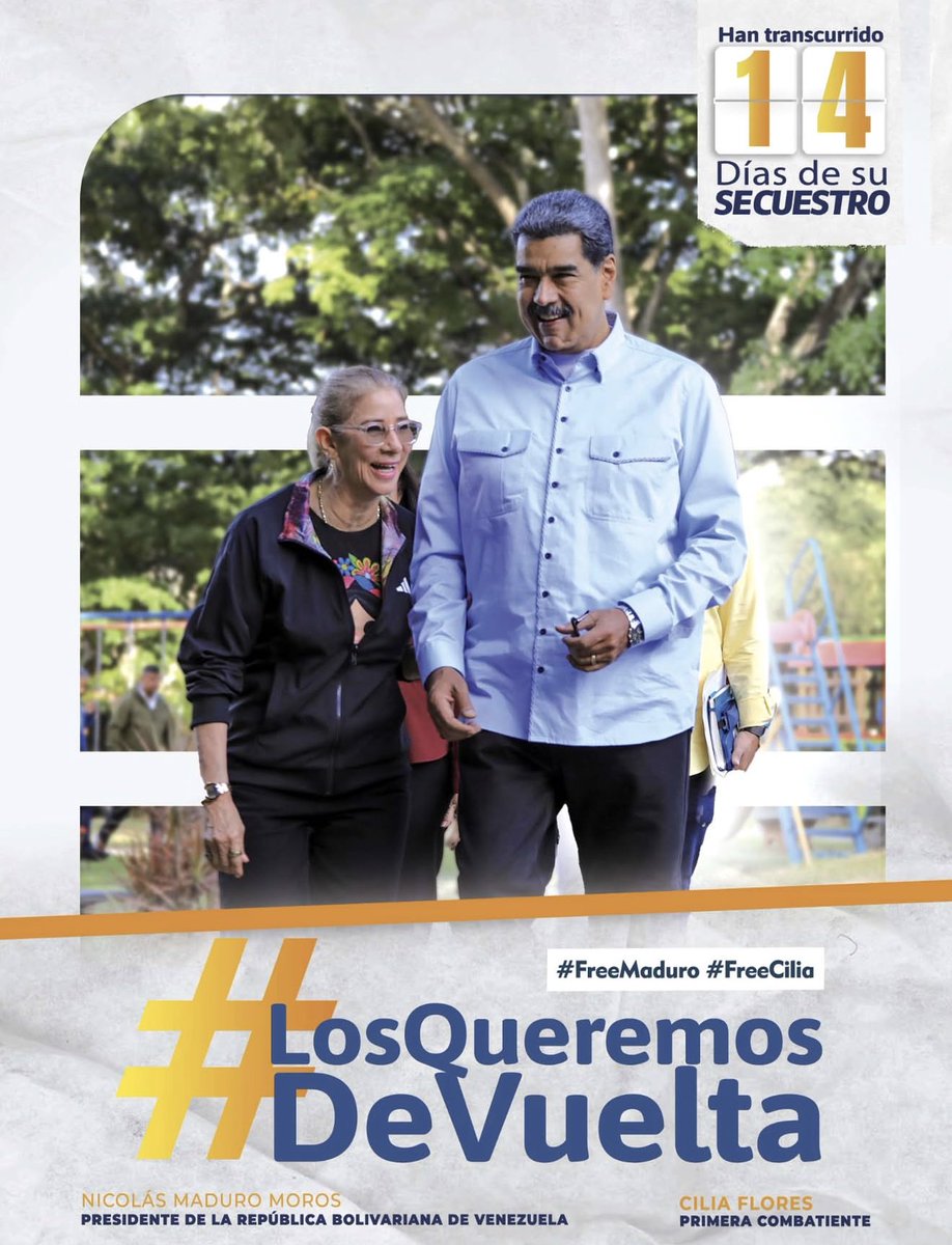 Los queremos de regreso <a href="/NicolasMaduro/">Nicolás Maduro</a> <a href="/ConCiliaFlores/">Cilia Flores</a> desde Ciudad Bolívar en pie de lucha por nuestros líderes de la guía de la presidenta encargada <a href="/delcyrodriguezv/">Delcy Rodríguez</a> la gobernadora <a href="/tatachavista/">Yulisbeth García</a> y todo un pueblo leal