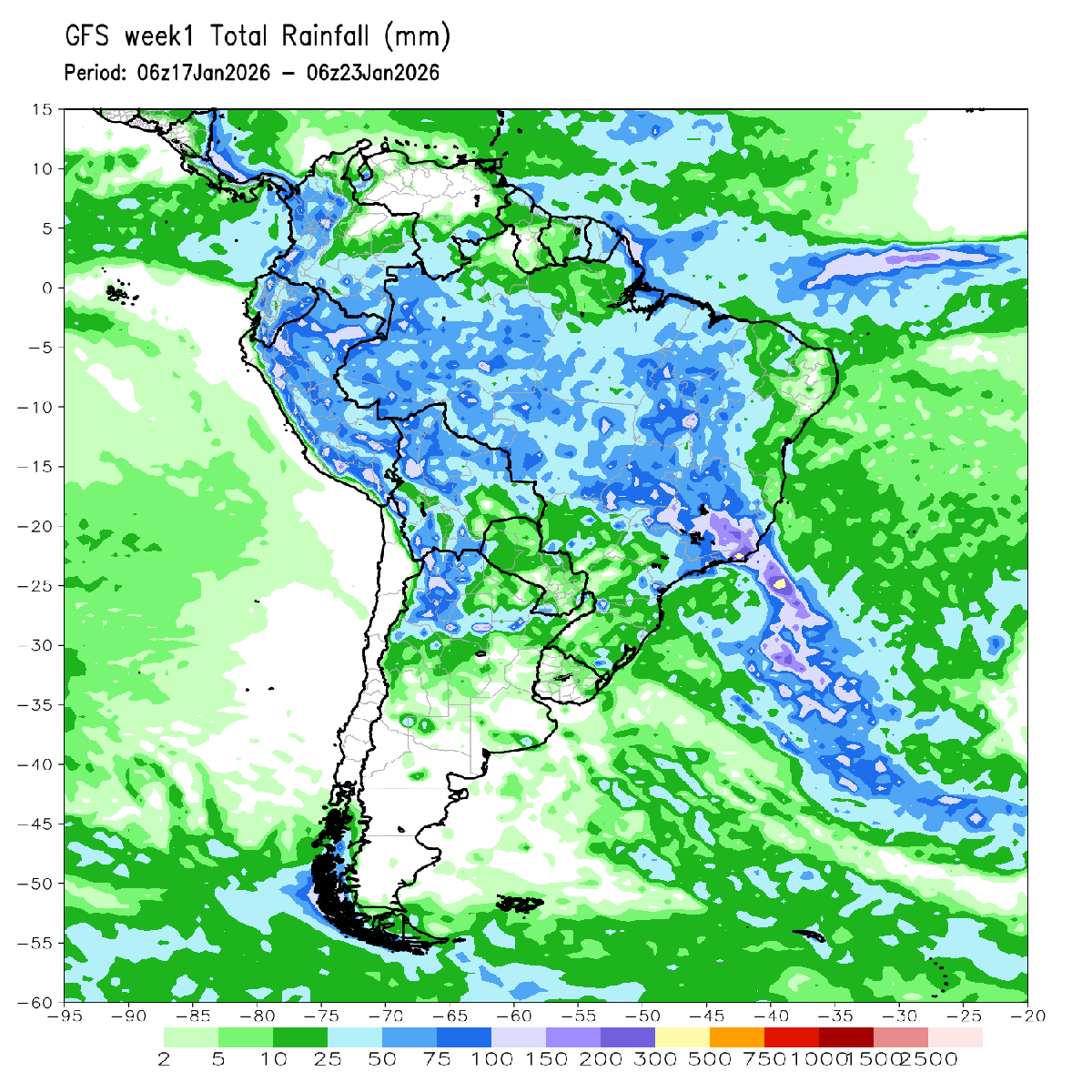 #Lluvias previstas por #GFS de SAB17 a VIE23ene sobre Sudamérica. Escasas lluvias sobre #PBSAS, litoral (#Argentina) y Sur #Uruguay. Sobre NE y Este Uruguay se esperan 5-25 mm. Sobre Rio Grande Sul (#Brasil) de 5-50 mm.