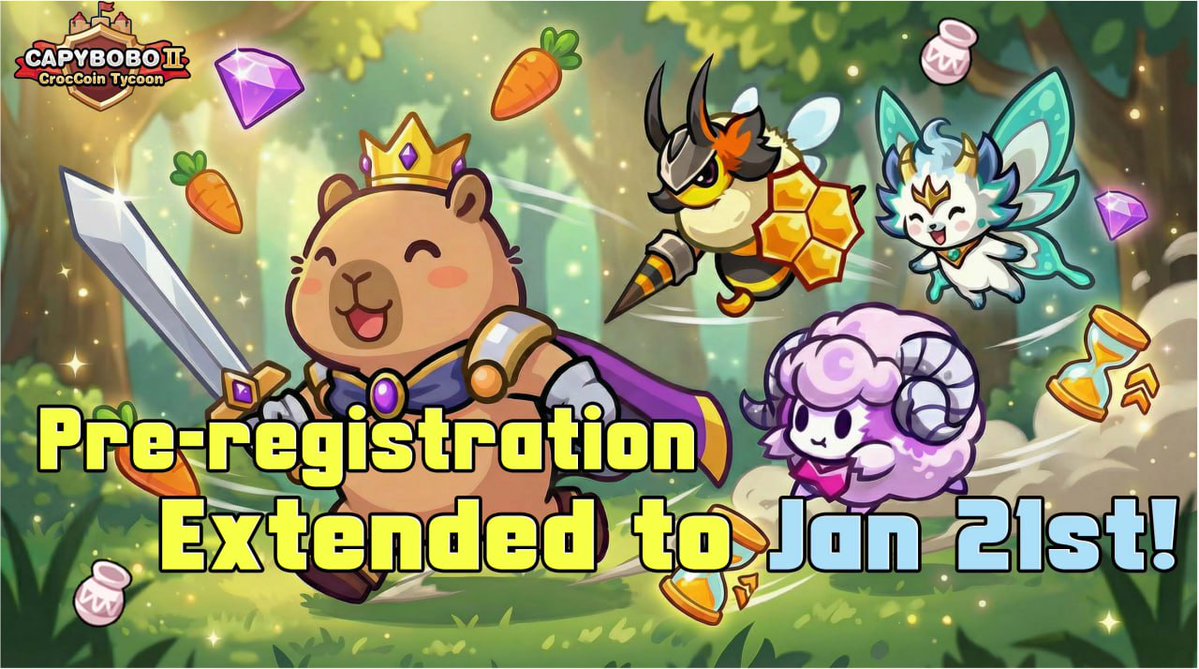 We hit One Million PYBOBOs! 🎉

Thank you for signing up for Capybobo2!

Great news — to chase our 2M goal, pre-registration is extended to January 21st! 
More time for PYBOBOS to join and claim an extra $200 USDT Value rewards!

Something big is brewing for $PYBOBO... Let's GO!