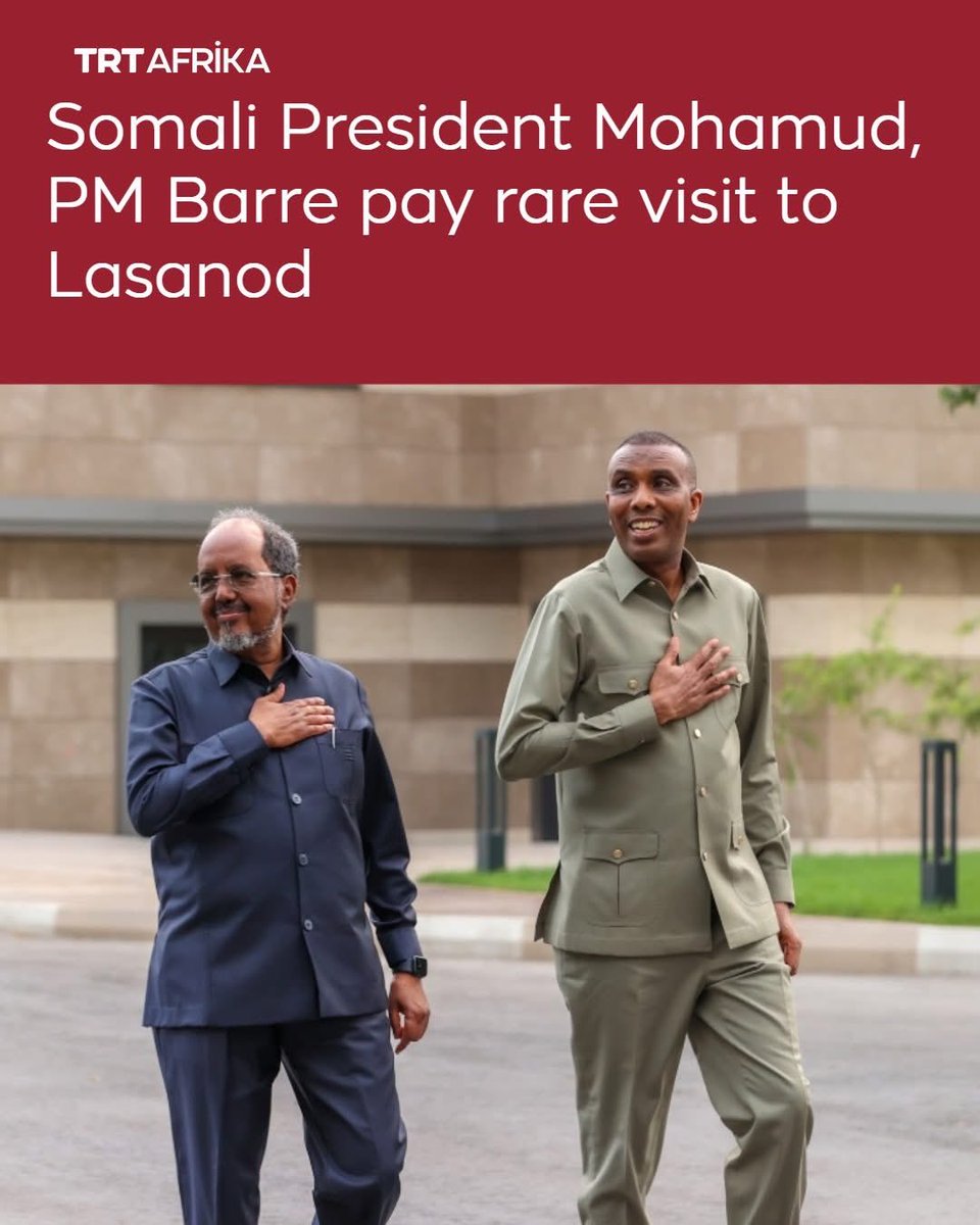 Drbasbaas's tweet photo. Somalia’s President Hassan Sheikh Mohamud and Prime Minister Hamza Abdi Barre have travelled to Lasanod, the capital of the newly formed Northeast State of Somalia, in what officials describe as a landmark visit aimed at reinforcing federal authority and national unity. https://t.co/ooQ5WSP5Ou