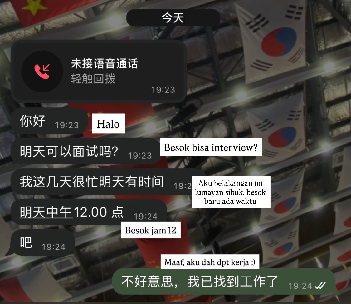 xonxoxol's tweet image. Jgn remehin Mandarin speaker 😭
Rata-rata yg udah expert dan jam terbangnya tinggi gercep bgt dpt kerja.
Dear para HRD kalo ngeliat kandidat open to work langsung sikat aja Pak/Bu!! Jgn ditunda 

Lagian ini nelpon malam² 😭