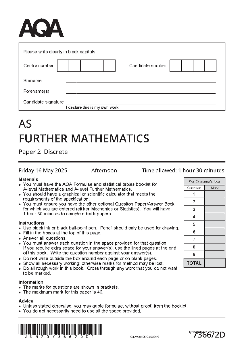 AStephensadriel's tweet photo. https://t.co/hdlGLqG8Nl
2025 AQA As Level Further MathemATIcs Paper 2 7366 2d Discrete
#2025aqaas #aqaaslevel #aslevelfurthermathematics #mathematics #mathematicspaper2 #73662d #discrete #furthermathematics #hackedexams https://t.co/9RRErOgLip