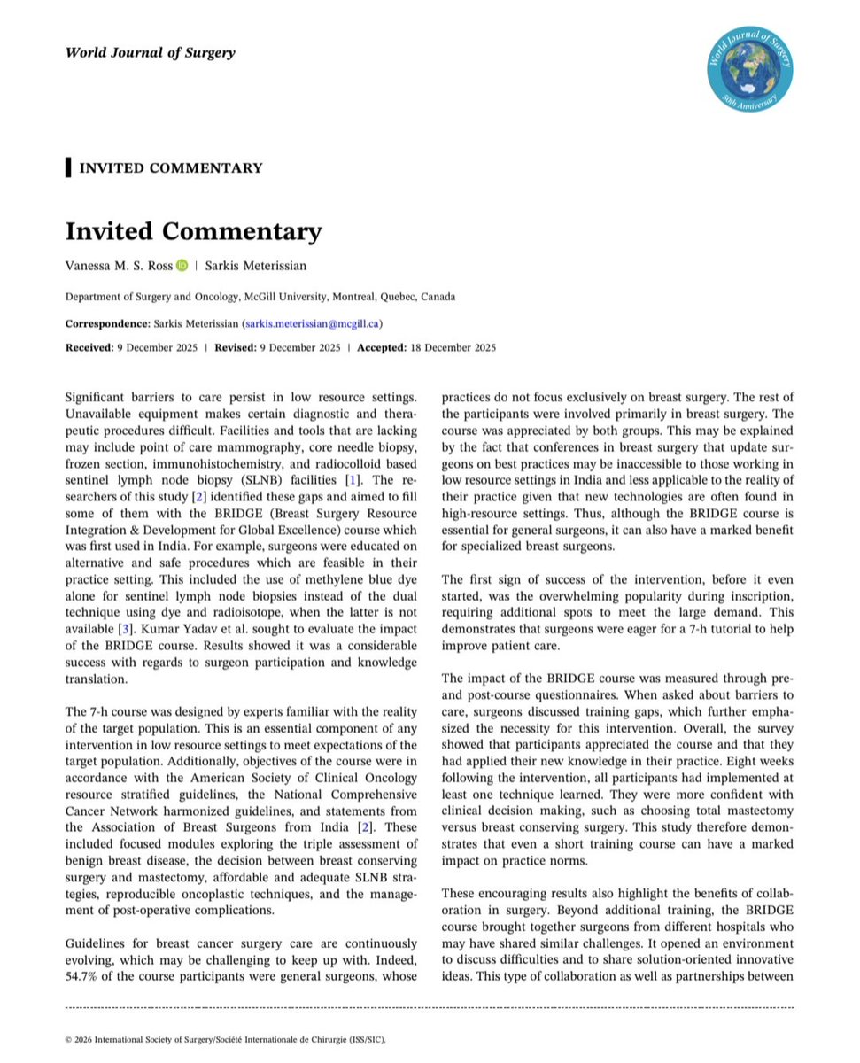 drskyind's tweet photo. Honored and humbled 🙏

BRIDGE Course has been featured in an Invited Commentary in the @WorldJSurg citing our work and recognizing its impact on breast surgery training in low-resource settings and beyond.

This is proof that meaningful progress does not need expensive technology, only clarity of purpose and commitment to patients and a group of Collaborators. 
Grateful to Prof Venessa Ross and Prof Sarkis Meterissian @mcgillu
and EIC @sherrywren
For this thoughtful piece 

@BRIDGE1837377
 #WorldJournalOfSurgery #BreastSurgery #GlobalHealth #LMICSurgery #AcademicPride @Dhananjayasha19
@BreastSurgeonGA @Dhananjayasha19 @Raghavanvidya2 @SaudiSBES @surgery_breast @ASBrS @SteveCaiMD