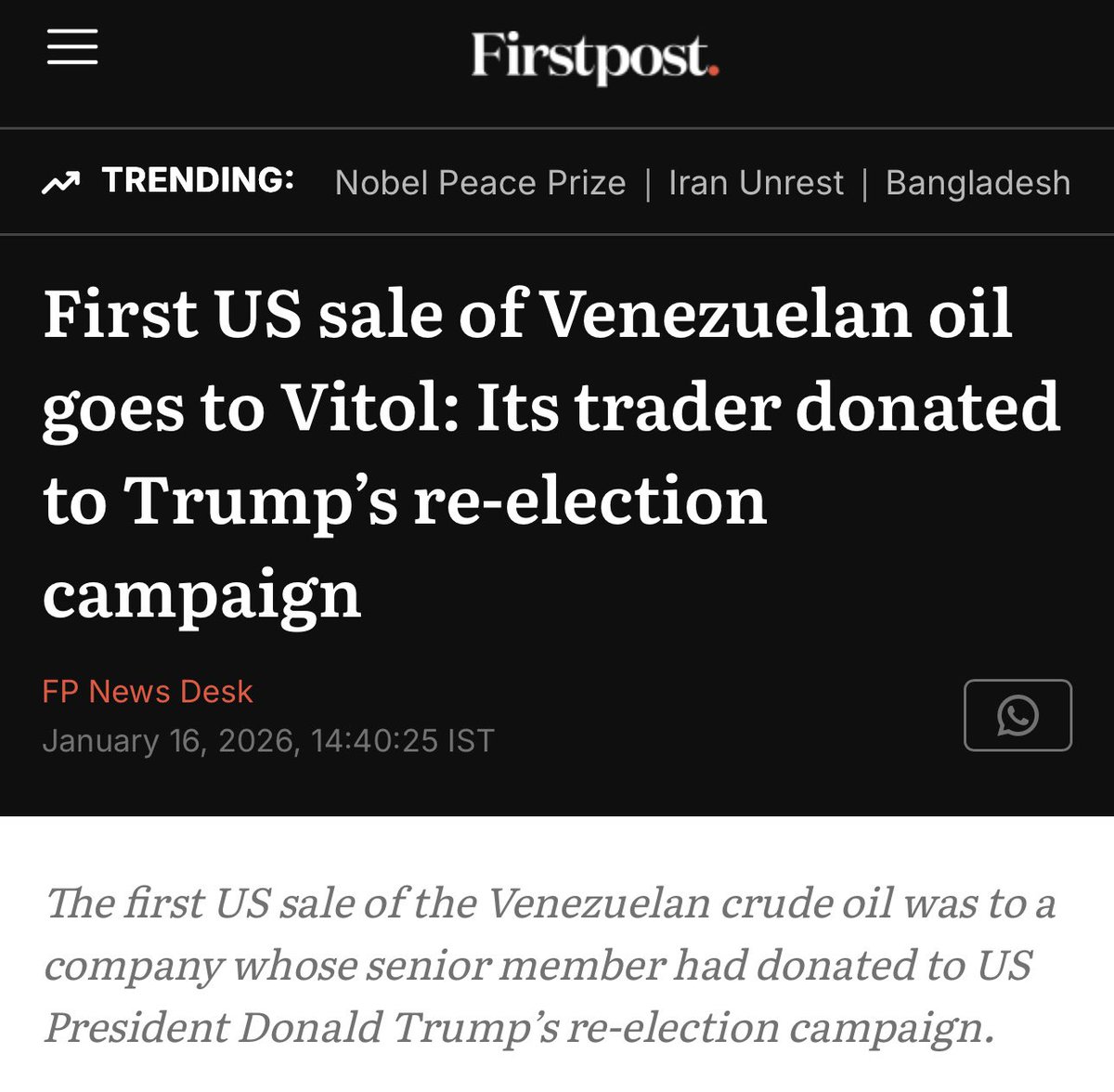 RonFilipkowski's tweet image. The first sale of Venezuelan oil went to a guy who donated $6 million to Trump. The proceeds are now in a bank in Qatar. firstpost.com/world/first-us…