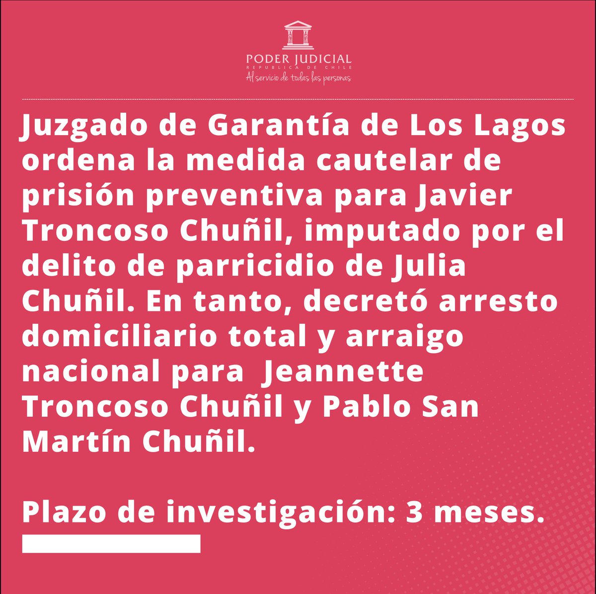 PJudicialChile's tweet photo. 🔴EN VIVO: Juzgado de Garantía de Los Lagos ordena medida cautelar de prisión preventiva para Javier Troncoso Chuñil, imputado por parricidio de Julia Chuñil. En tanto, decretó arresto domiciliario total y arraigo nacional para Jeannette Troncoso Chuñil y Pablo San Martín Chuñil. https://t.co/i3zMnODKRs