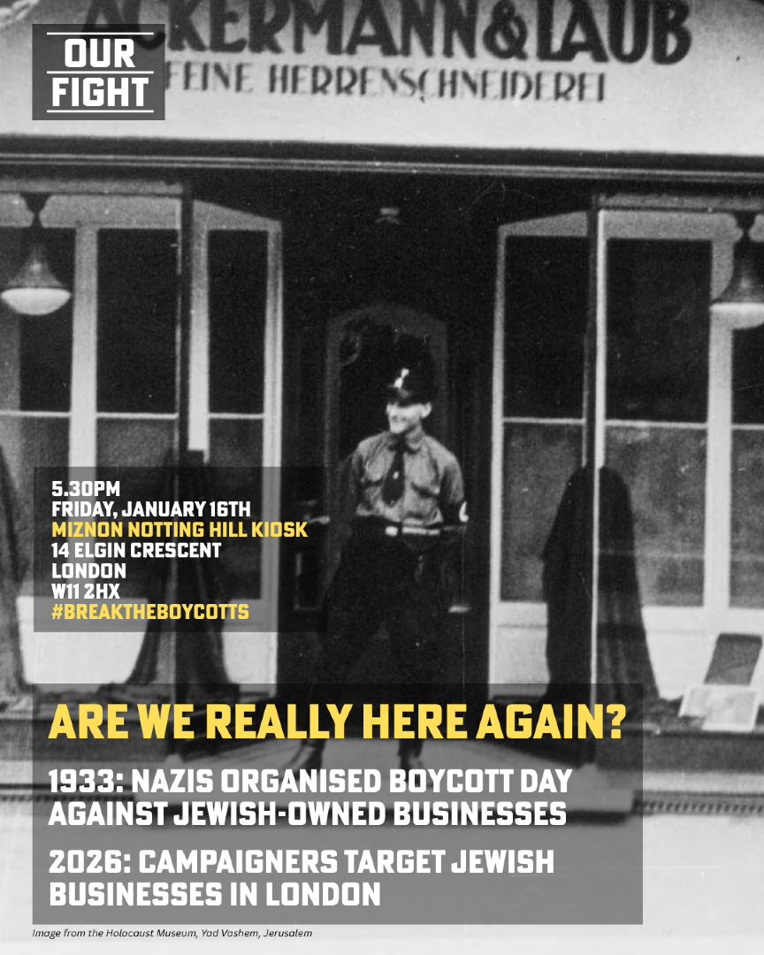OurFightUk's tweet image. 📣 Are We Really Here Again?

Lifted directly from the Nazis 'Boycott Day' in 1933, campaigners and activists across the globe are seeking to shut down Jewish businesses. In Sydney, Avner's Bakery was forced to close, in Melbourne the Miznon restaurant was attacked, and in…