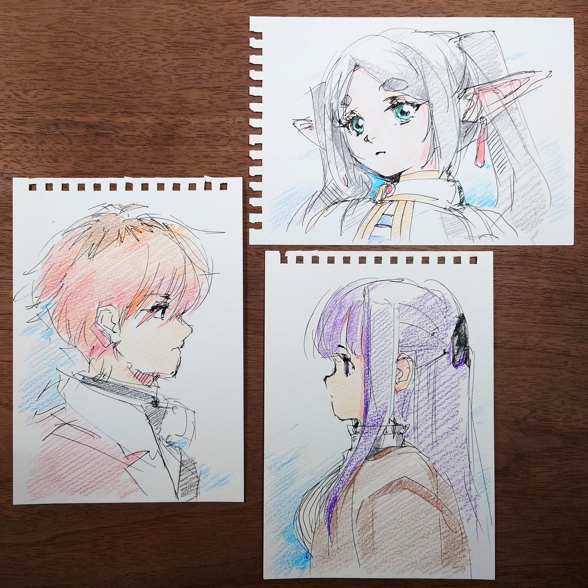とうとう今晩 #フリーレン 2期が始まりますねー。これは2023年10月に描いた新幹線移動中絵で、本日加筆して色鉛筆で着彩しました。#フリーレンFA

スキャンデータは全体公開の pixivFANBOX に。
https://t.co/waurKo0EGC
こんな楽描きがたくさんあるので、おいおいアップしていきます。 