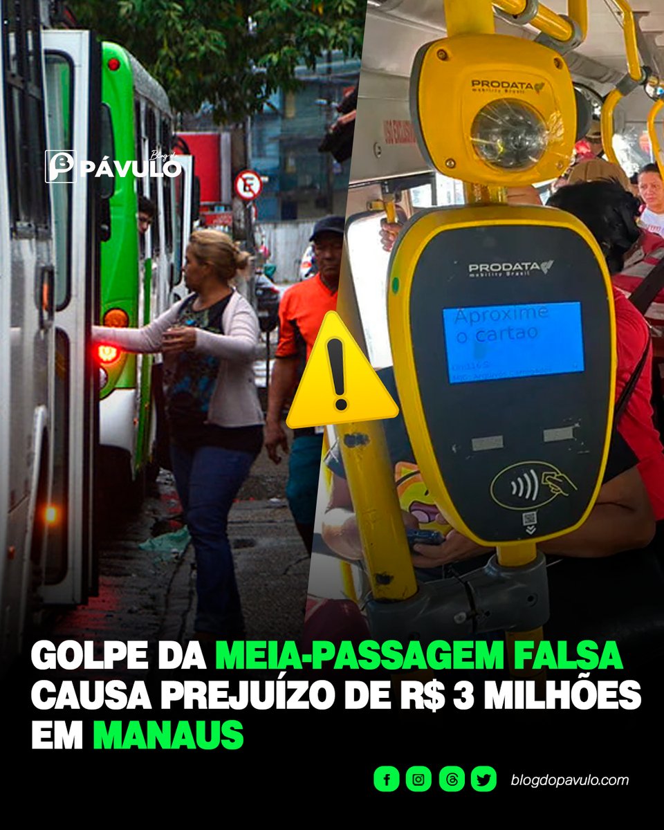 Blogdopavulo's tweet image. Golpe da meia-passagem falsa causa prejuízo de R$ 3 milhões em Manaus ⚠️🚍 

blogdopavulo.com/golpe-da-meia-…