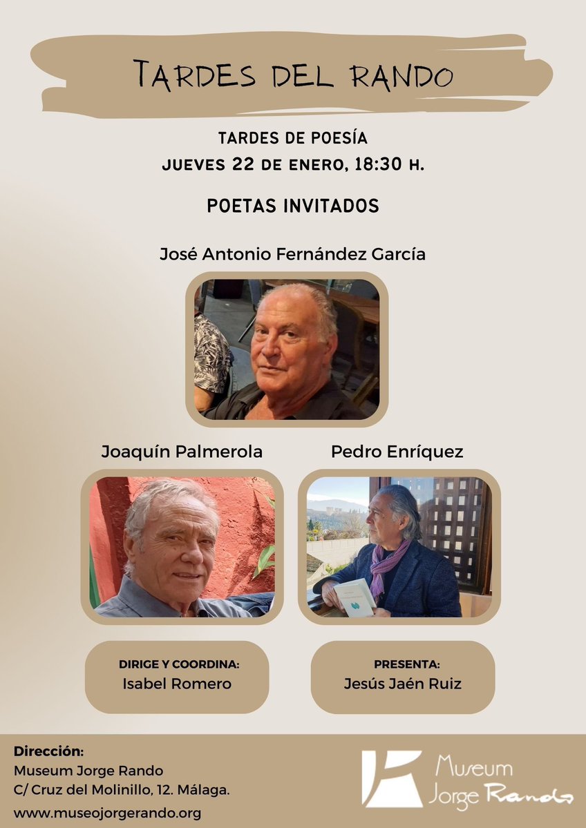 Regresan las ‘Tardes del Rando’

Comenzamos la nueva edición con los poetas invitados José Antonio Fernández García, Joaquín Palmerola y Pedro Enríquez y con la presentación de Jesús Jaén Ruiz. Como siempre, bajo la dirección de Isabel Romero.
Os esperamos.