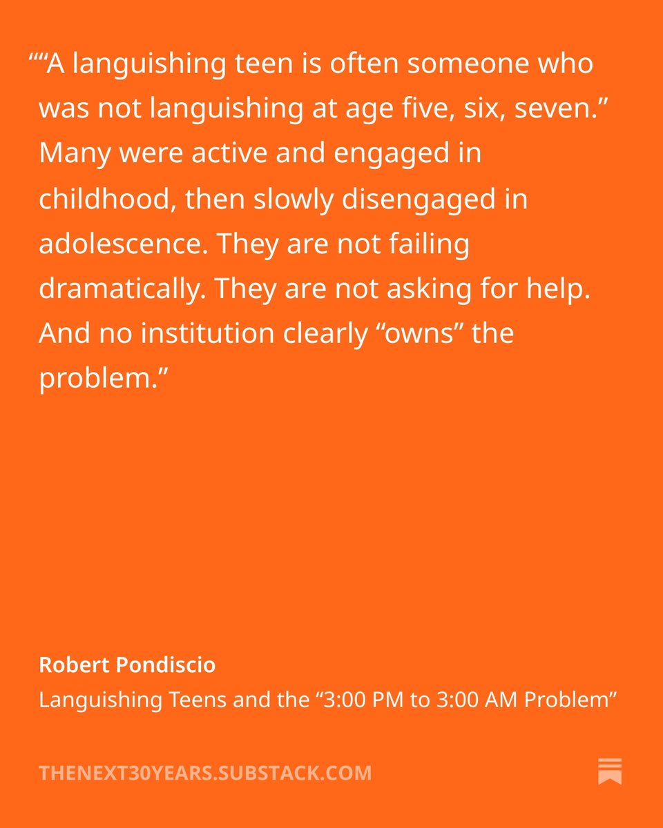 rpondiscio's tweet image. My latest Substack reflects on a @AEIeducation  webinar I hosted earlier this week on a problem that's hiding in plain sight: "languishing teens" who are neither in crisis or flourishing. They're just drifting to the sidelines of life.

thenext30years.substack.com/p/languishing-…