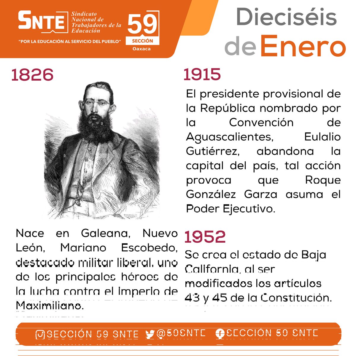 Buen día ✨
Te compartimos las efemérides de hoy viernes 16 de enero. 
 
 #SNTE59 #SNTE #Orgullosamente59 #Sección59