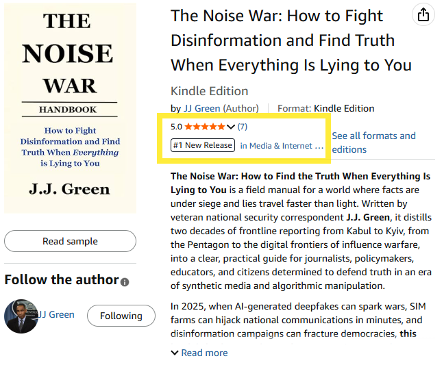 Tremendous honor today!  Mike Blinder, Publisher, E&amp;P Magazine says, "J.J. Green’s The Noise War is to the battle for truth what Sun Tzu’s The Art of War was to strategy — a timeless field manual for navigating conflict..." Full review here amzn.to/4bAnx61 Check it out!