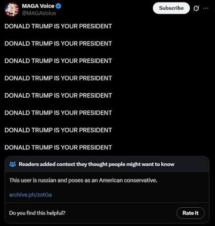 <a href="/MAGAVoice/">MAGA Voice</a> Reminder that this is a Russian misinformation channel.