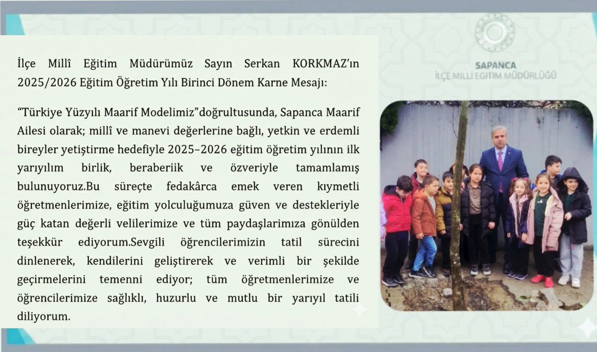 İlçe Milli Eğitim Müdürümüz Serkan Korkmaz'ın Yarıyıl tatil mesajı..
Tüm öğretmen ve öğrencilerimize iyi tatiller dileriz.

<a href="/tcmeb/">Millî Eğitim Bakanlığı</a> 
@sakaryailmem 
<a href="/coskunbakirtas/">Coşkun BAKIRTAŞ</a>