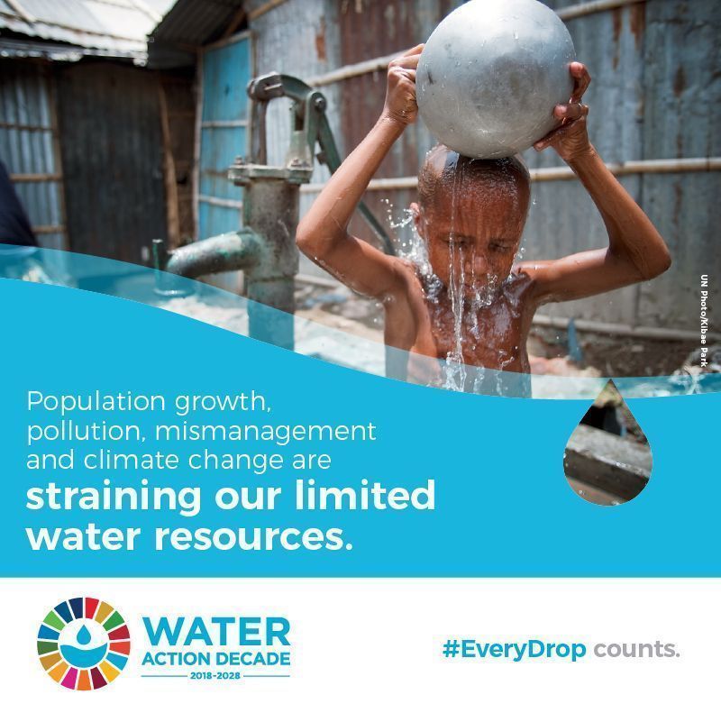 UNGeneva's tweet image. Water is critical for sustainable development and the eradication of poverty and hunger. 

The UN's #WaterActionDecade is helping to put a greater focus on water during ten years. 

#EveryDropCounts