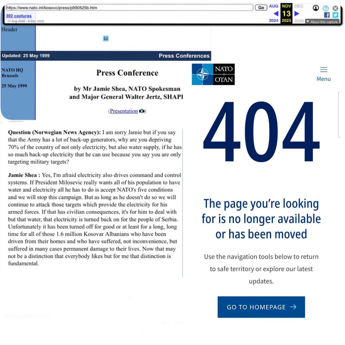 Le site web de l'OTAN supprime toute trace d'une note d'information de 1999 justifiant les frappes contre le système énergétique serbe (Yougoslavie).

La voici 👇

« L'OTAN continuera d'attaquer les installations énergétiques en Serbie. Si cela nuit aux civils, en les privant